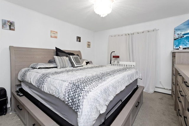 bedroom with light colored carpet and a baseboard heating unit