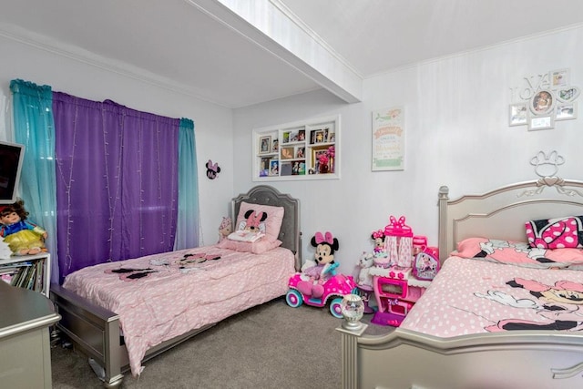 bedroom featuring crown molding and carpet flooring
