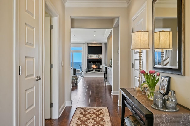 54985 Cr48, Southold, NY 11971 - hallway featuring dark wood-style flooring, baseboards, and crown molding