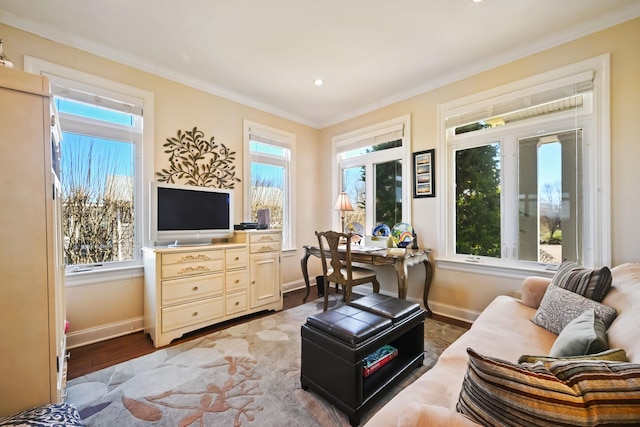 54985 Cr48, Southold, NY 11971 - sitting room featuring a wealth of natural light, baseboards, ornamental molding, and wood finished floors