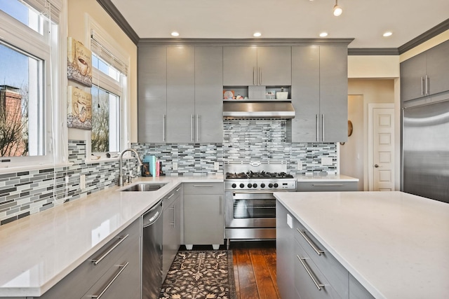54985 Cr48, Southold, NY 11971 - kitchen with gray cabinetry, a sink, dark wood finished floors, and appliances with stainless steel finishes