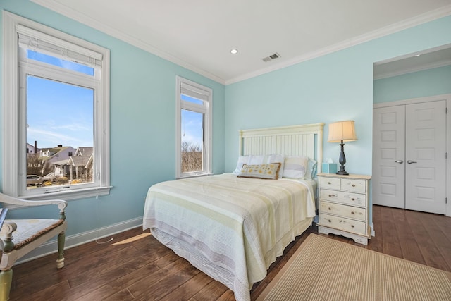54985 Cr48, Southold, NY 11971 - bedroom with ornamental molding, visible vents, recessed lighting, baseboards, and dark wood-style floors
