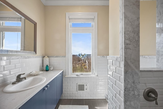 54985 Cr48, Southold, NY 11971 - bathroom featuring tile patterned floors, a healthy amount of sunlight, visible vents, and tile walls
