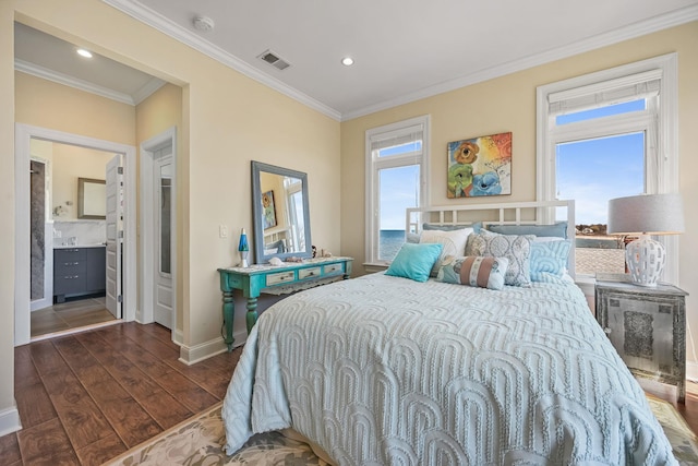 54985 Cr48, Southold, NY 11971 - bedroom featuring dark wood-type flooring, ornamental molding, baseboards, and recessed lighting
