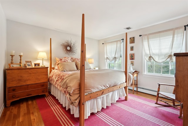 bedroom featuring wood finished floors and visible vents