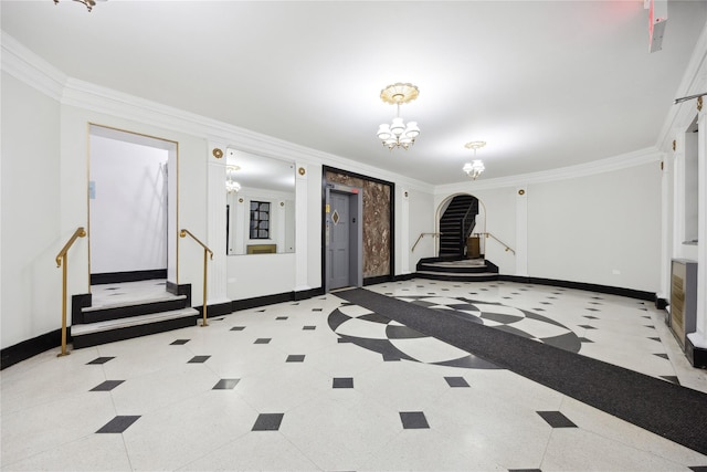 7211 110th St Unit 5G, Forest Hills, NY 11375 - unfurnished living room with ornamental molding, baseboards, arched walkways, and stairway