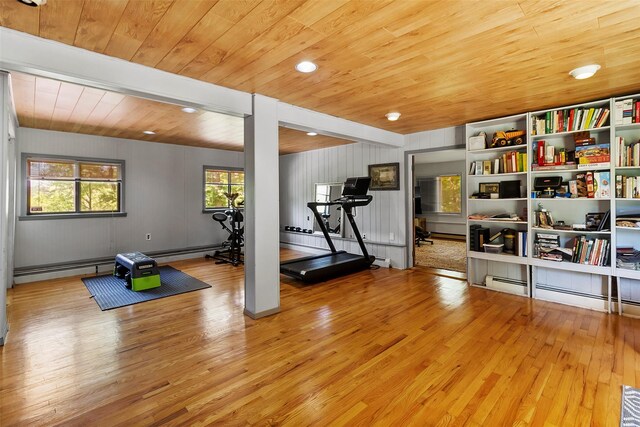 2358 Maple Ave, Cortlandt Manor, NY 10567 - exercise area with wooden ceiling, hardwood / wood-style flooring, baseboard heating, and recessed lighting