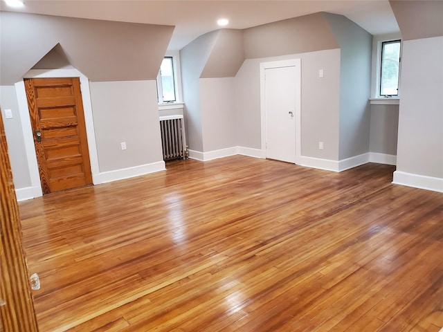 additional living space featuring baseboards, light wood-style floors, and lofted ceiling