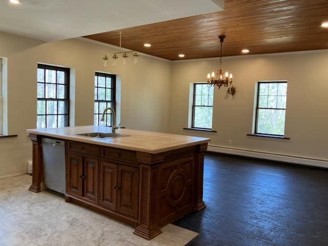 kitchen with baseboard heating, recessed lighting, stainless steel dishwasher, wood ceiling, and a sink