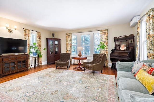 3 Druid Hill Rd, Port Jefferson, NY 11777 - living room with radiator heating unit, a wall unit AC, and wood finished floors