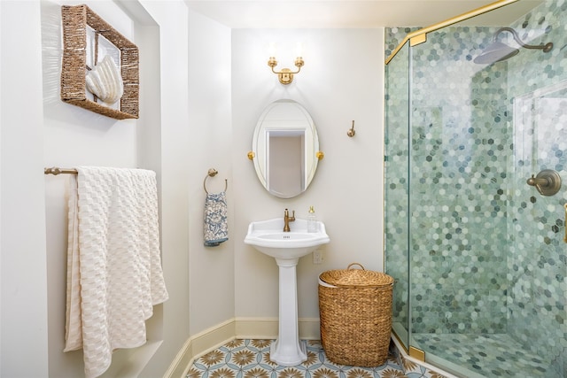 3 Druid Hill Rd, Port Jefferson, NY 11777 - bathroom featuring a stall shower, baseboards, tile patterned floors, and a sink