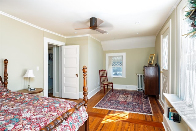 3 Druid Hill Rd, Port Jefferson, NY 11777 - bedroom featuring radiator heating unit, wood finished floors, ornamental molding, a ceiling fan, and baseboards