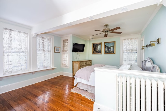 3 Druid Hill Rd, Port Jefferson, NY 11777 - bedroom with hardwood / wood-style floors, ornamental molding, radiator, a ceiling fan, and baseboards
