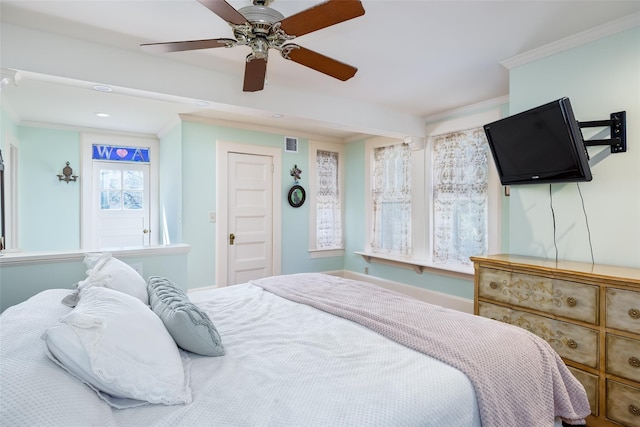 3 Druid Hill Rd, Port Jefferson, NY 11777 - bedroom with ornamental molding, a ceiling fan, recessed lighting, and baseboards