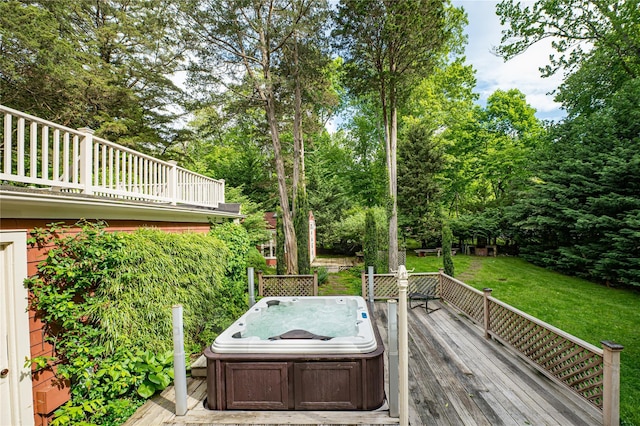 3 Druid Hill Rd, Port Jefferson, NY 11777 - wooden terrace with a hot tub, view of scattered trees, and a yard