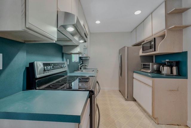 kitchen with open shelves, light floors, ventilation hood, a sink, and appliances with stainless steel finishes