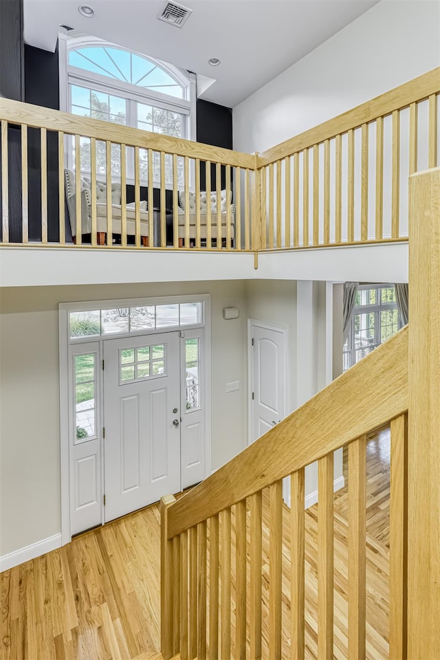 entrance foyer featuring a high ceiling, wood finished floors, and a healthy amount of sunlight