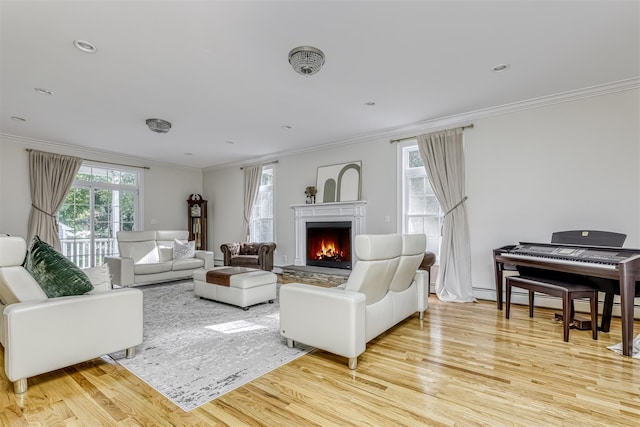 living room featuring ornamental molding, a baseboard heating unit, wood finished floors, and a lit fireplace