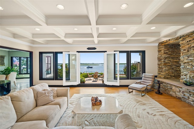 1101 Harbor Rd, Hewlett, NY 11557 - living area with ornamental molding, recessed lighting, coffered ceiling, and beamed ceiling