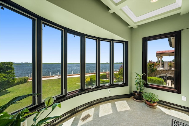 1101 Harbor Rd, Hewlett, NY 11557 - unfurnished sunroom with beamed ceiling, visible vents, and a water view