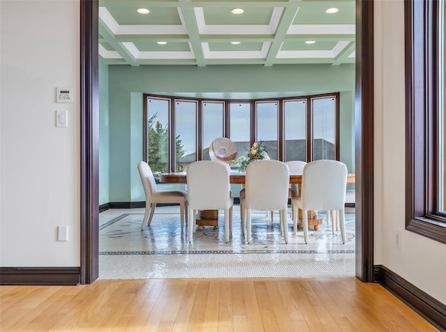 1101 Harbor Rd, Hewlett, NY 11557 - dining space with hardwood / wood-style floors, beamed ceiling, and coffered ceiling