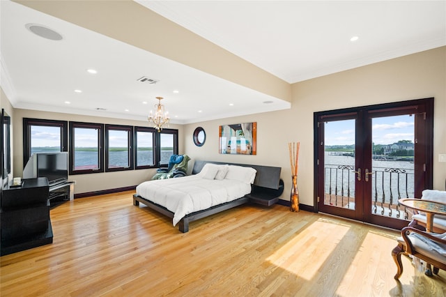 1101 Harbor Rd, Hewlett, NY 11557 - bedroom with access to outside, an inviting chandelier, visible vents, french doors, and light wood finished floors