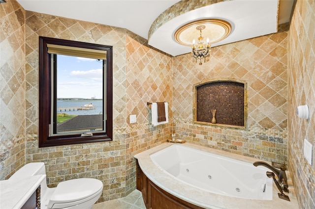 1101 Harbor Rd, Hewlett, NY 11557 - bathroom featuring toilet, a chandelier, a tub with jets, and tile walls
