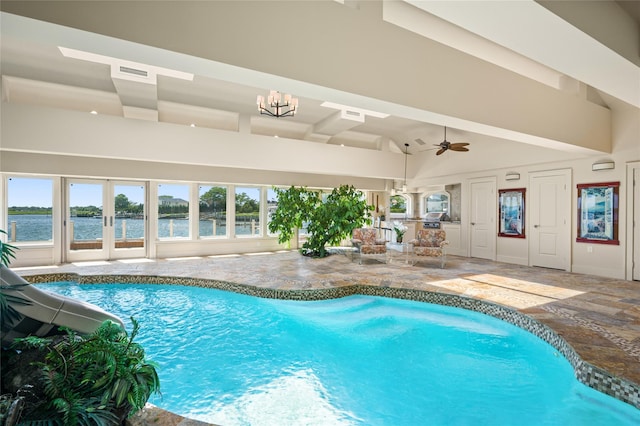 1101 Harbor Rd, Hewlett, NY 11557 - pool featuring ceiling fan and a water view