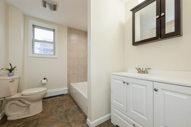 3 September Walk, Long Beach, NY 11561 - bathroom with baseboard heating, toilet, stone finish floors, baseboards, and vanity