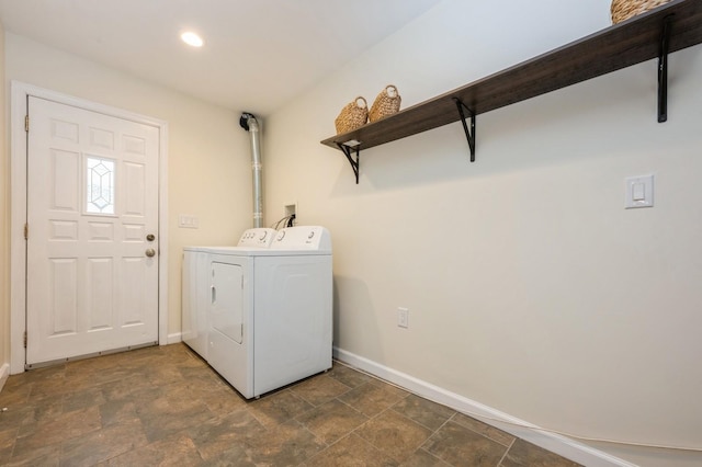 3 September Walk, Long Beach, NY 11561 - laundry room with washer and dryer, baseboards, stone finish floors, and recessed lighting