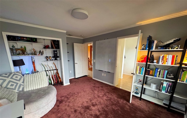 sitting room with carpet floors, baseboards, and ornamental molding
