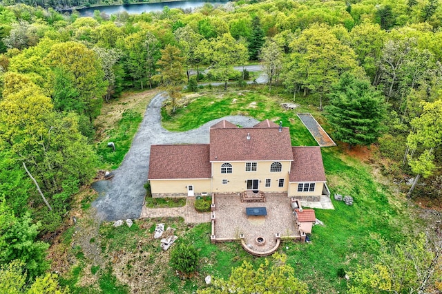 aerial view with a view of trees and a water view