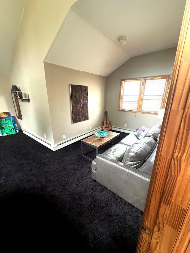 living room with a baseboard radiator, carpet floors, vaulted ceiling, and baseboards
