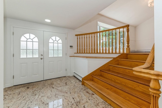 18 Oxford Rd, East Rockaway, NY 11518 - entryway with baseboard heating, healthy amount of natural light, vaulted ceiling, stairs, and recessed lighting