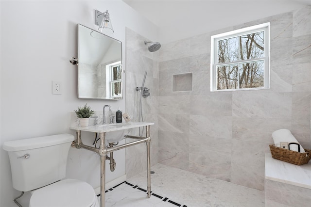 full bathroom featuring a walk in shower, toilet, and a healthy amount of sunlight
