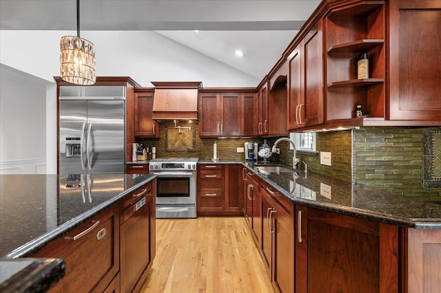 61 Beatrice Ln, Old Bethpage, NY 11804 - kitchen with appliances with stainless steel finishes, premium range hood, a sink, open shelves, and light wood-type flooring
