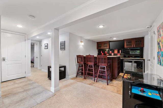 61 Beatrice Ln, Old Bethpage, NY 11804 - indoor bar featuring recessed lighting, ornamental molding, light carpet, and baseboards