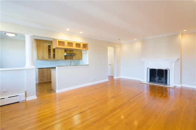14 N Chatsworth Ave Unit 7A, Larchmont, NY 10538 - unfurnished living room featuring a baseboard heating unit, recessed lighting, crown molding, light wood-style flooring, and a fireplace with raised hearth