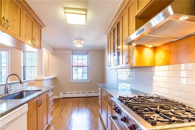 14 N Chatsworth Ave Unit 7A, Larchmont, NY 10538 - kitchen featuring under cabinet range hood, white dishwasher, stainless steel range with gas stovetop, a baseboard heating unit, and a sink