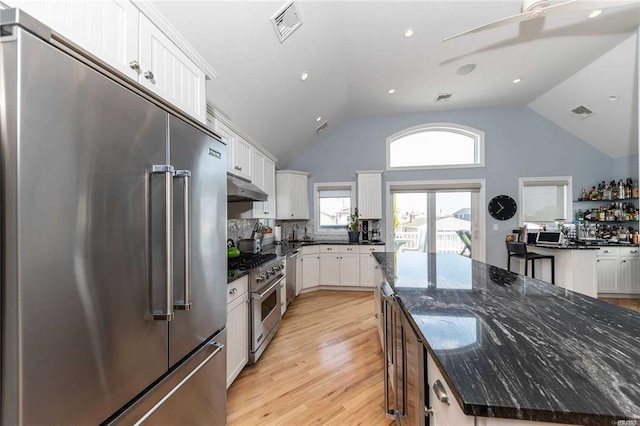 kitchen with high end appliances, under cabinet range hood, a center island, light wood-style flooring, and white cabinetry