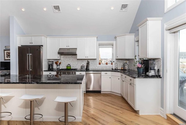 kitchen featuring visible vents, built in fridge, stainless steel dishwasher, and under cabinet range hood