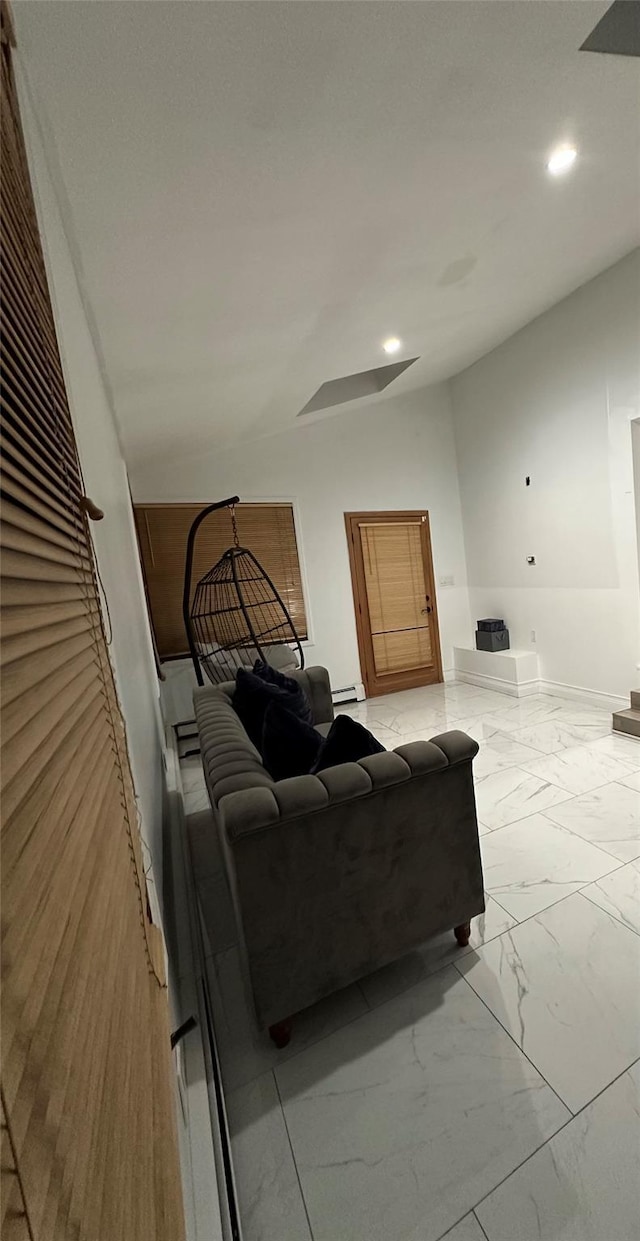 121 W Seaman Ave, Freeport, NY 11520 - living room featuring a baseboard radiator, baseboards, recessed lighting, and marble finish floor
