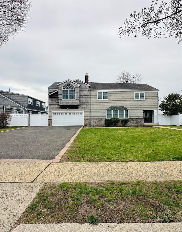 121 W Seaman Ave, Freeport, NY 11520 - view of front of house featuring a front yard, fence, a chimney, a garage, and driveway