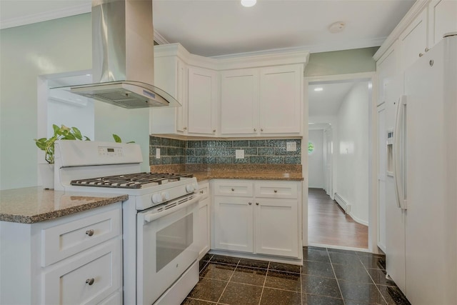 kitchen with white appliances, white cabinetry, a baseboard radiator, extractor fan, and backsplash