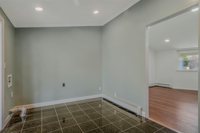 unfurnished room with ornamental molding, baseboards, and baseboard heating