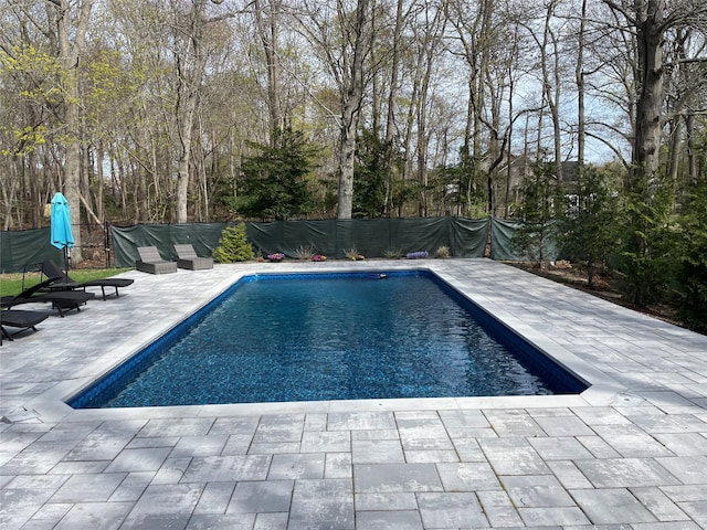 view of pool featuring a fenced backyard, a fenced in pool, and a patio area