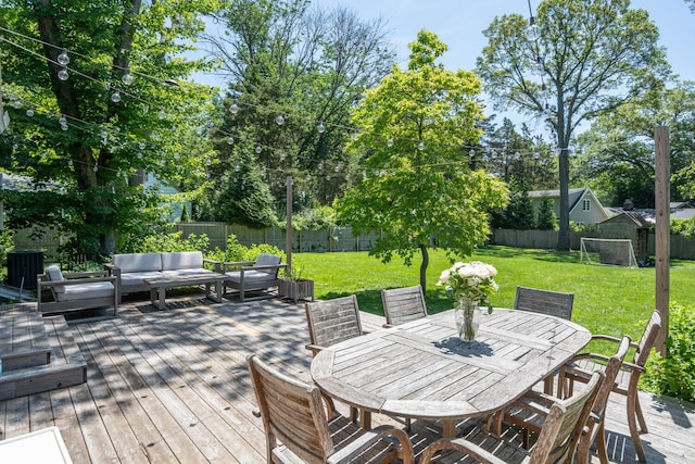 35 Turtle Cove Ln, Huntington, NY 11743 - wooden terrace featuring outdoor lounge area, a fenced backyard, outdoor dining space, and view of wooded area