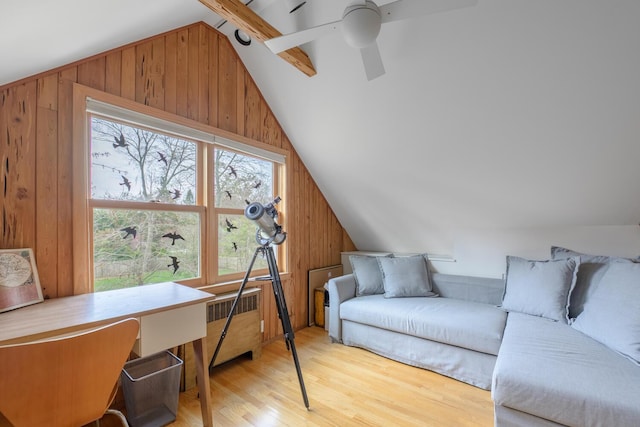 35 Turtle Cove Ln, Huntington, NY 11743 - office featuring lofted ceiling, wooden walls, healthy amount of natural light, ceiling fan, and wood finished floors