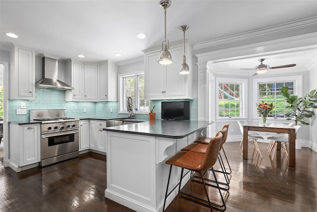 kitchen featuring wall chimney exhaust hood, high end stove, a sink, dark wood finished floors, and crown molding