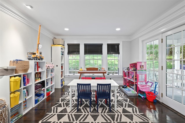 playroom featuring crown molding, healthy amount of natural light, wood finished floors, and recessed lighting